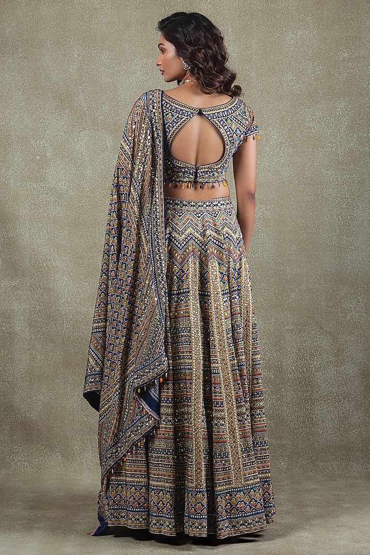 Midnight Blue Crepe Sequins Mirror Embellished Wedding Lehenga Set by Vedant G at Pernia's Pop Up Shop