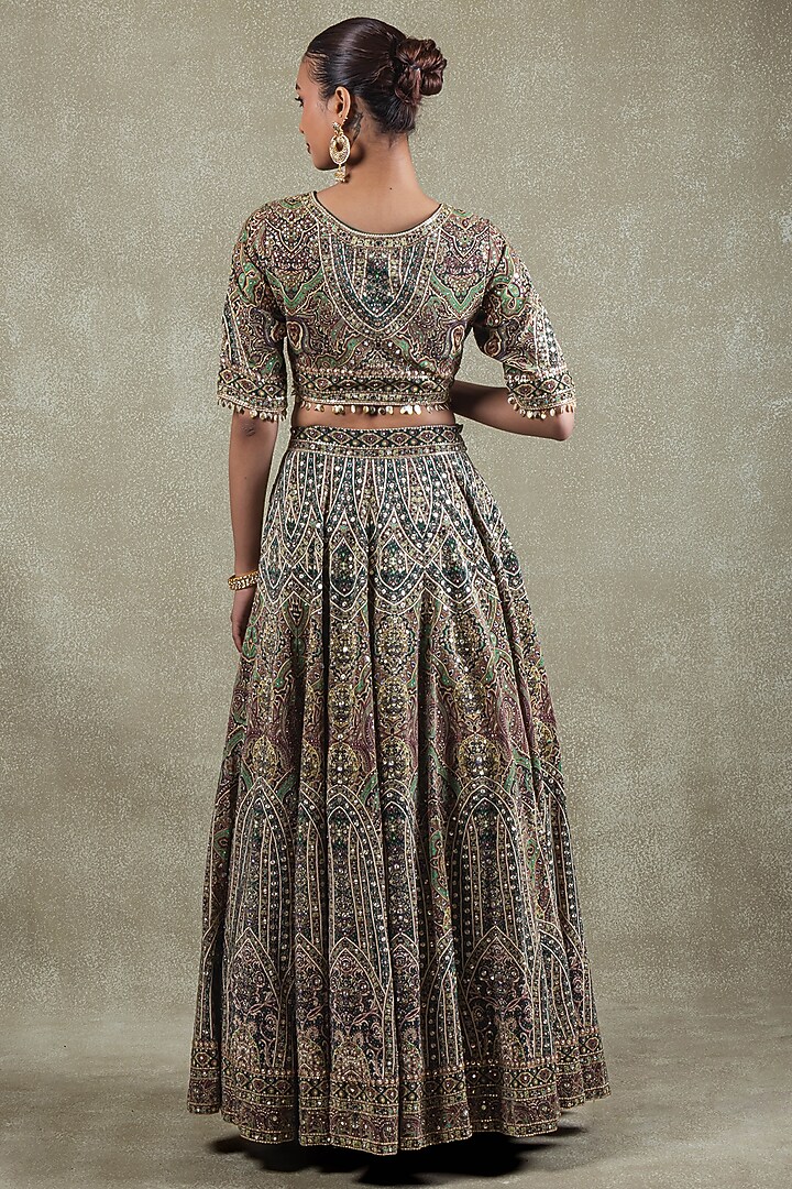 Emerald Green Crepe Sequins Embellished Printed Wedding Lehenga Set by Vedant G at Pernia's Pop Up Shop