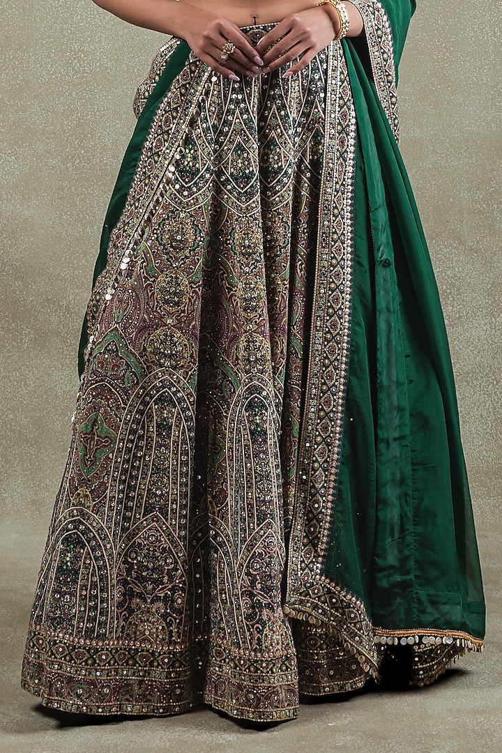 Emerald Green Crepe Sequins Embellished Printed Wedding Lehenga Set by Vedant G at Pernia's Pop Up Shop