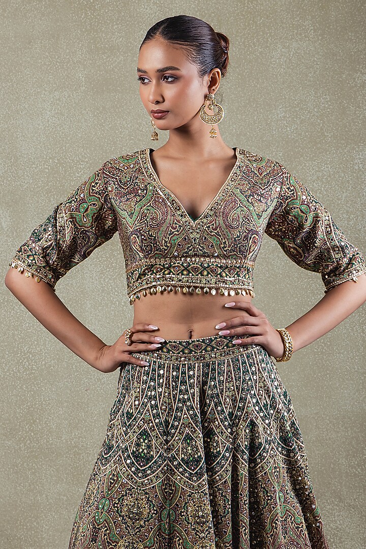 Emerald Green Crepe Sequins Embellished Printed Wedding Lehenga Set by Vedant G at Pernia's Pop Up Shop