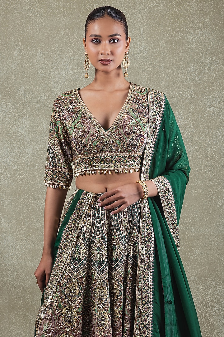 Emerald Green Crepe Sequins Embellished Printed Wedding Lehenga Set by Vedant G at Pernia's Pop Up Shop
