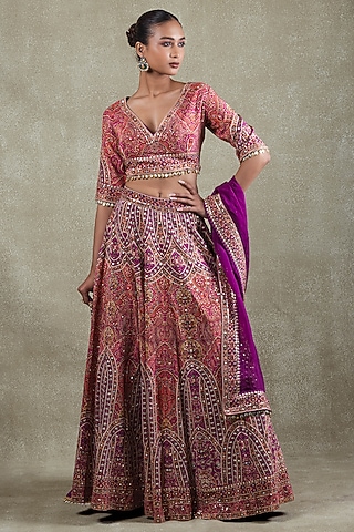 Magenta Crepe Sequins Embellished Lehenga Set by Vedant G