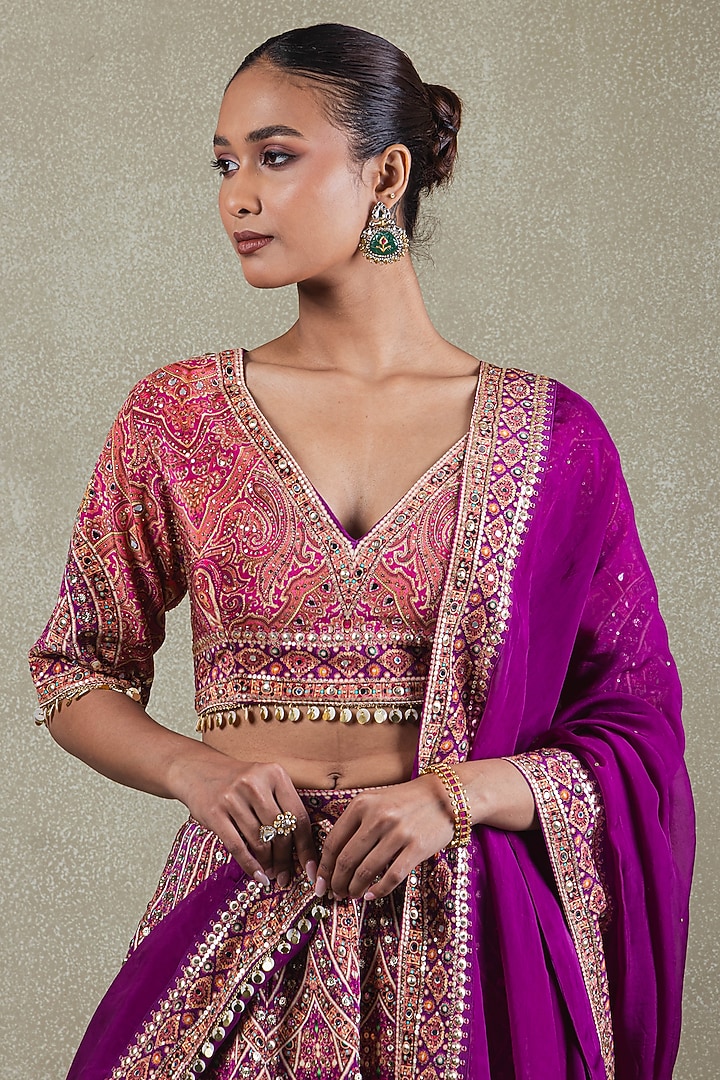 Magenta Crepe Sequins Embellished Wedding Lehenga Set by Vedant G at Pernia's Pop Up Shop