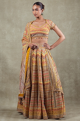 Mustard Crepe Sequins Embellished Lehenga Set by Vedant G