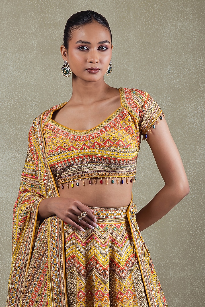 Mustard Crepe Sequins Embellished Wedding Lehenga Set by Vedant G at Pernia's Pop Up Shop