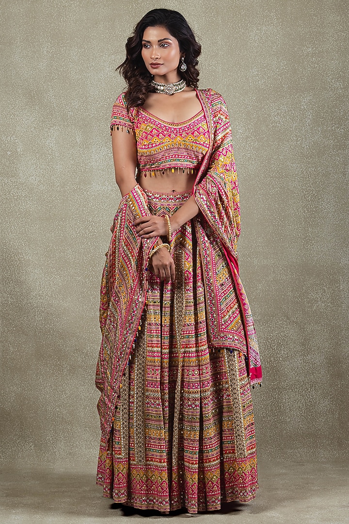 Rani Pink Crepe Metallic Sequins Embellished Wedding Lehenga Set by Vedant G at Pernia's Pop Up Shop