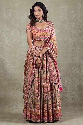 Rani Pink Crepe Metallic Sequins Embellished Lehenga Set by Vedant G