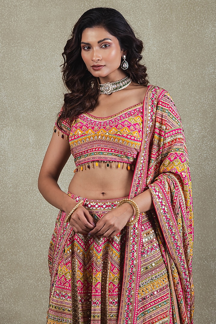 Rani Pink Crepe Metallic Sequins Embellished Wedding Lehenga Set by Vedant G at Pernia's Pop Up Shop