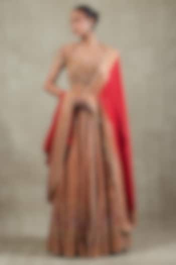 Red Crepe Metallic Sequins Embellished Wedding Lehenga Set by Vedant G at Pernia's Pop Up Shop