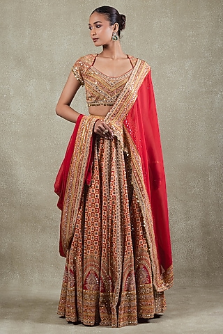 Red Crepe Metallic Sequins Embellished Lehenga Set by Vedant G