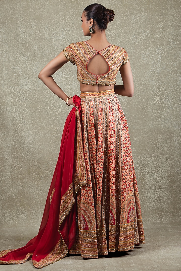 Red Crepe Metallic Sequins Embellished Wedding Lehenga Set by Vedant G at Pernia's Pop Up Shop