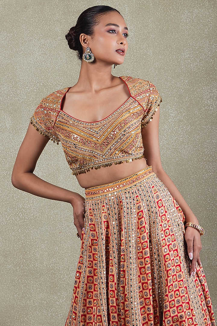 Red Crepe Metallic Sequins Embellished Wedding Lehenga Set by Vedant G at Pernia's Pop Up Shop