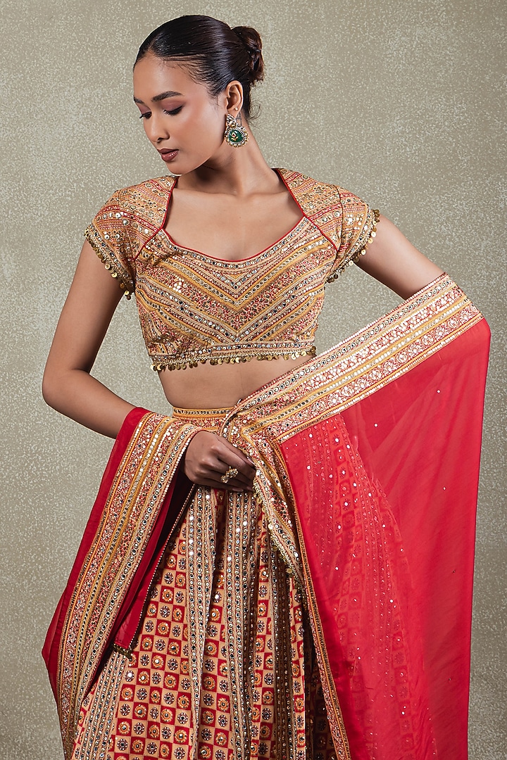 Red Crepe Metallic Sequins Embellished Wedding Lehenga Set by Vedant G at Pernia's Pop Up Shop