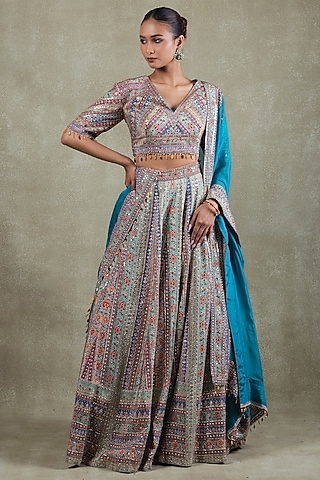 Teal Crepe Sequins Embellished Lehenga Set by Vedant G