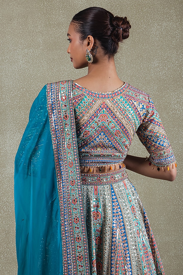 Teal Crepe Sequins Embellished Wedding Lehenga Set by Vedant G at Pernia's Pop Up Shop