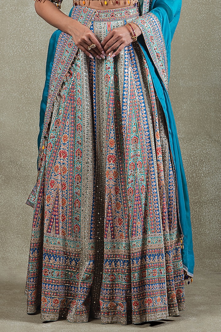Teal Crepe Sequins Embellished Wedding Lehenga Set by Vedant G at Pernia's Pop Up Shop