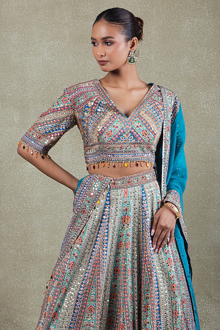 Teal Crepe Sequins Embellished Wedding Lehenga Set by Vedant G at Pernia's Pop Up Shop