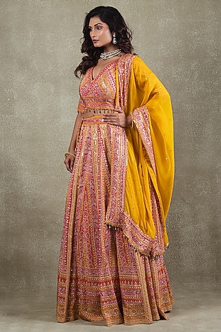 Mustard Crepe Sequins Embellished Lehenga Set by Vedant G