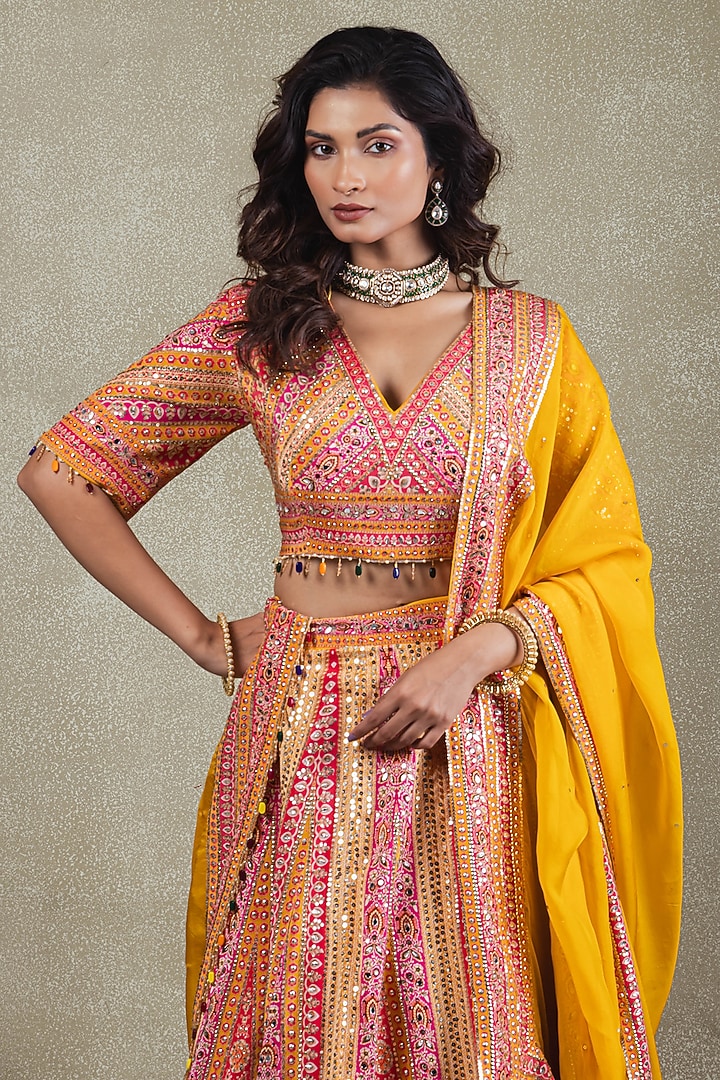 Mustard Crepe Sequins Embellished Wedding Lehenga Set by Vedant G at Pernia's Pop Up Shop