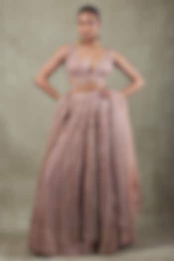 Rose Pink Crepe Metallic Sequins Embellished Wedding Lehenga Set by Vedant G at Pernia's Pop Up Shop