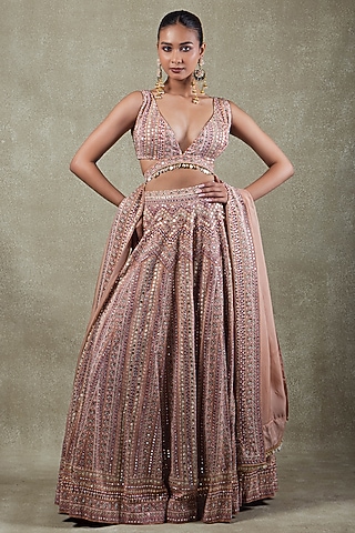 Rose Pink Crepe Metallic Sequins Embellished Lehenga Set by Vedant G