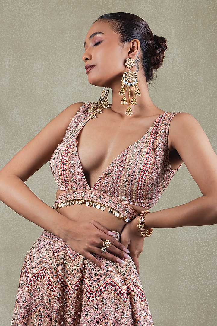 Rose Pink Crepe Metallic Sequins Embellished Wedding Lehenga Set by Vedant G at Pernia's Pop Up Shop