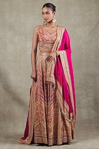 Rani Pink Crepe Metallic Sequins Embellished Lehenga Set by Vedant G
