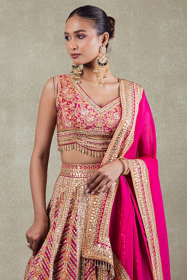 Rani Pink Crepe Metallic Sequins Embellished Wedding Lehenga Set by Vedant G at Pernia's Pop Up Shop