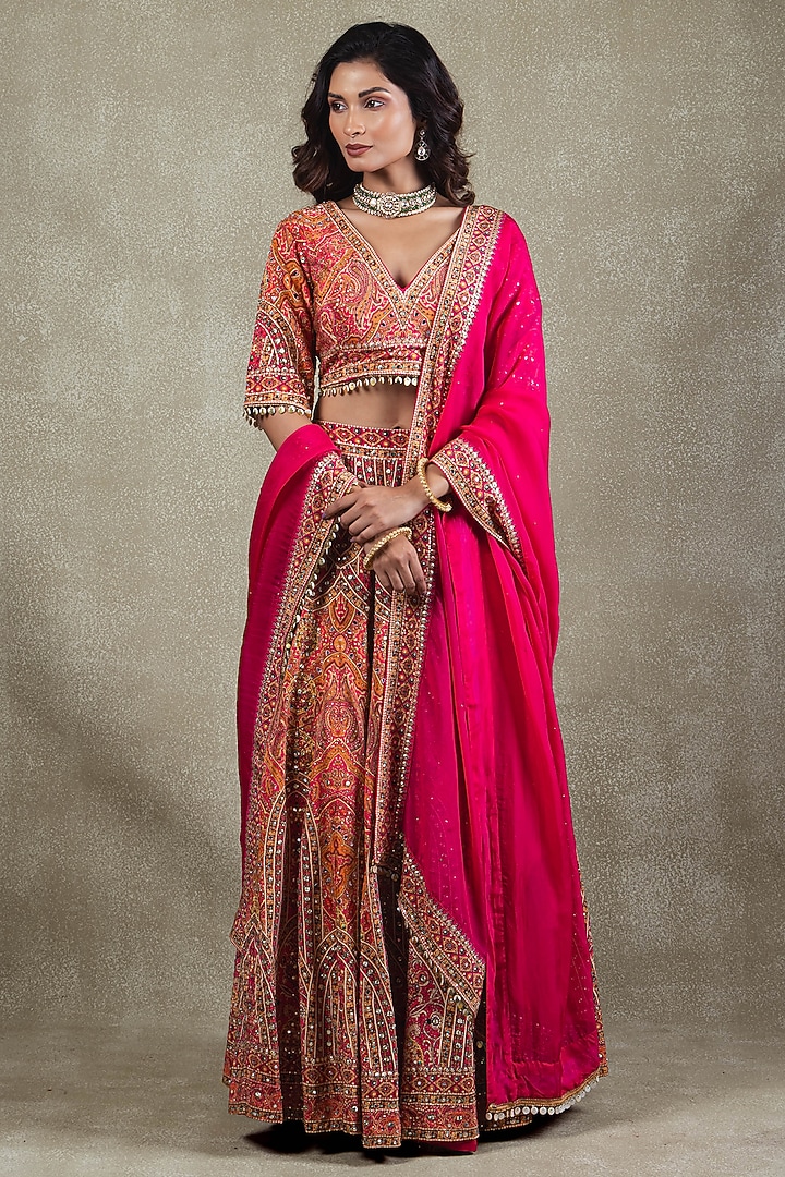 Rani Pink Crepe Metallic Sequins Embellished Wedding Lehenga Set by Vedant G at Pernia's Pop Up Shop