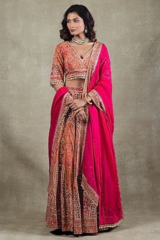 Rani Pink Crepe Metallic Sequins Embellished Lehenga Set by Vedant G