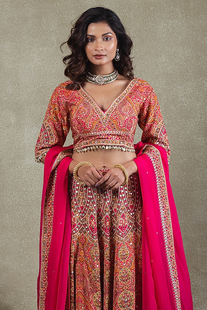 Rani Pink Crepe Metallic Sequins Embellished Wedding Lehenga Set by Vedant G at Pernia's Pop Up Shop