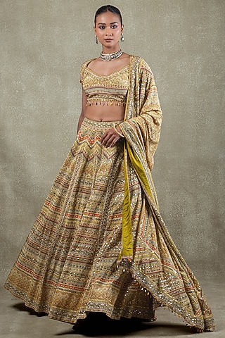 Lime Crepe Sequins Mirror Embellished Lehenga Set by Vedant G