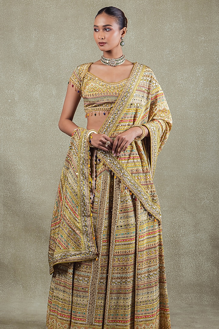 Lime Crepe Sequins Mirror Embellished Wedding Lehenga Set by Vedant G at Pernia's Pop Up Shop
