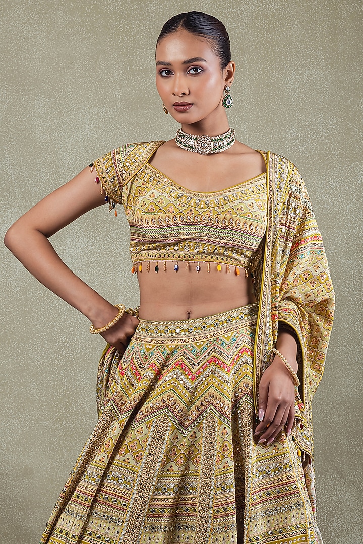 Lime Crepe Sequins Mirror Embellished Wedding Lehenga Set by Vedant G at Pernia's Pop Up Shop