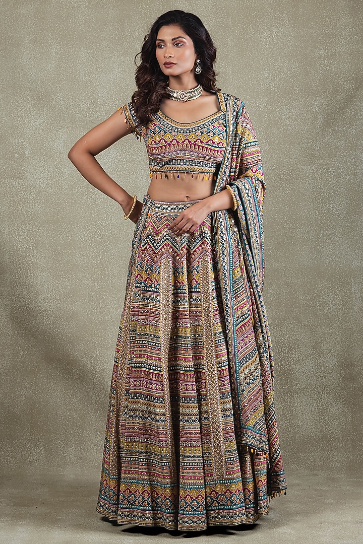 Blue Crepe Sequins Mirror Embellished Wedding Lehenga Set by Vedant G at Pernia's Pop Up Shop