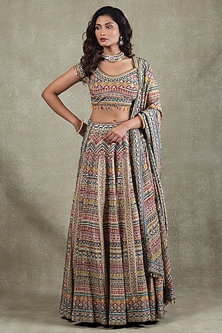 Blue Crepe Sequins Mirror Embellished Lehenga Set by Vedant G