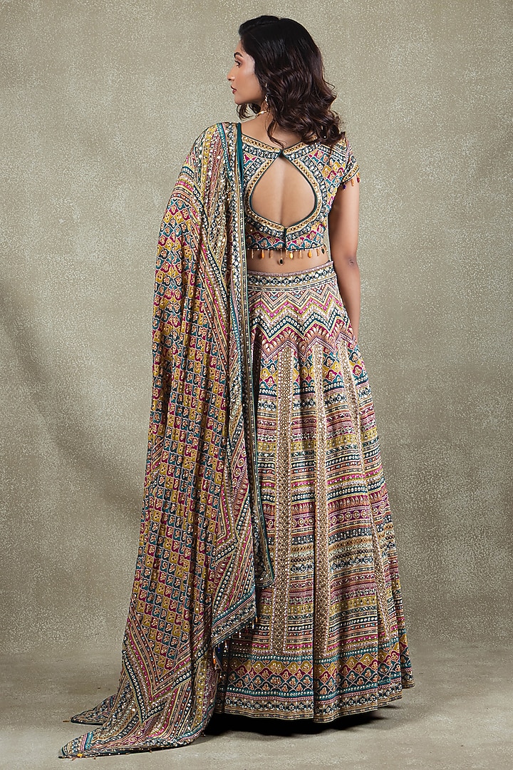 Blue Crepe Sequins Mirror Embellished Wedding Lehenga Set by Vedant G at Pernia's Pop Up Shop