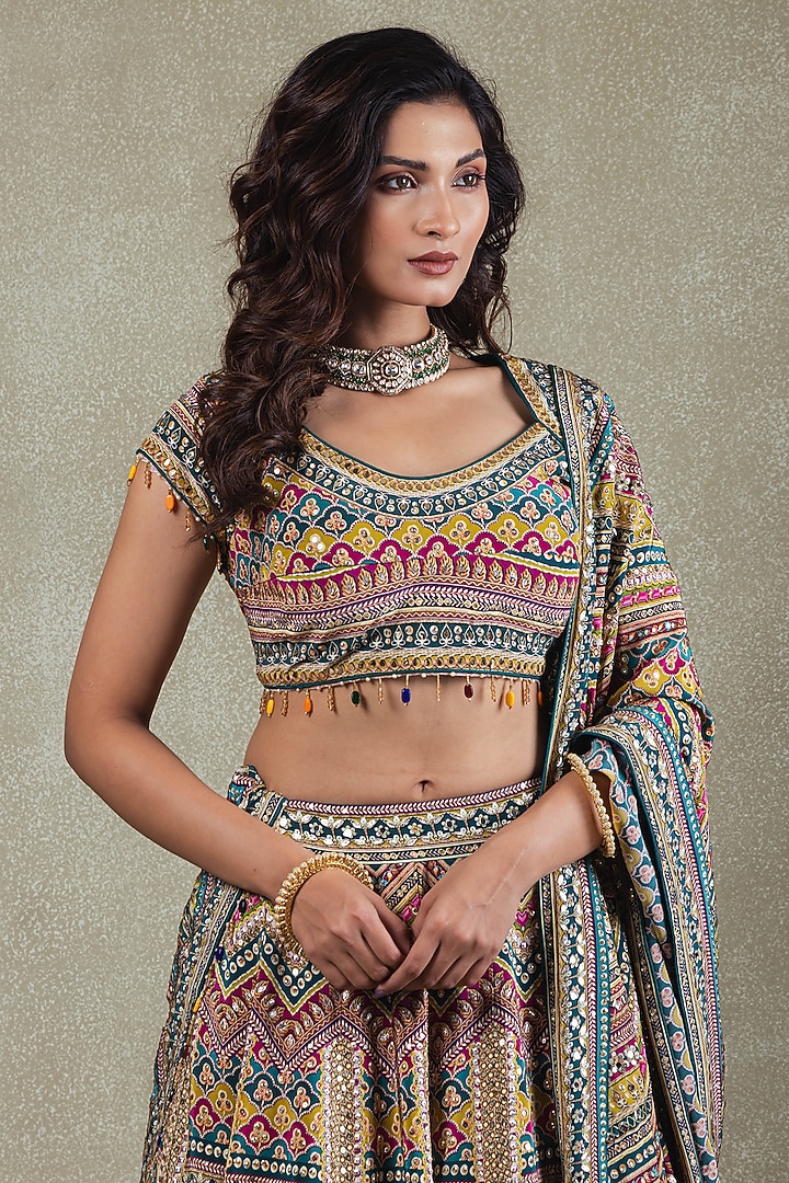 Blue Crepe Sequins Mirror Embellished Wedding Lehenga Set by Vedant G at Pernia's Pop Up Shop
