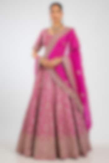 Fuchsia Pink Handloom Brocade Silk Zardosi Embroidered Bridal Lehenga Set by Vedant G at Pernia's Pop Up Shop