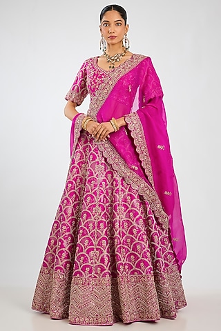 Fuchsia Pink Handloom Brocade Silk Zardosi Embroidered Lehenga Set by Vedant G