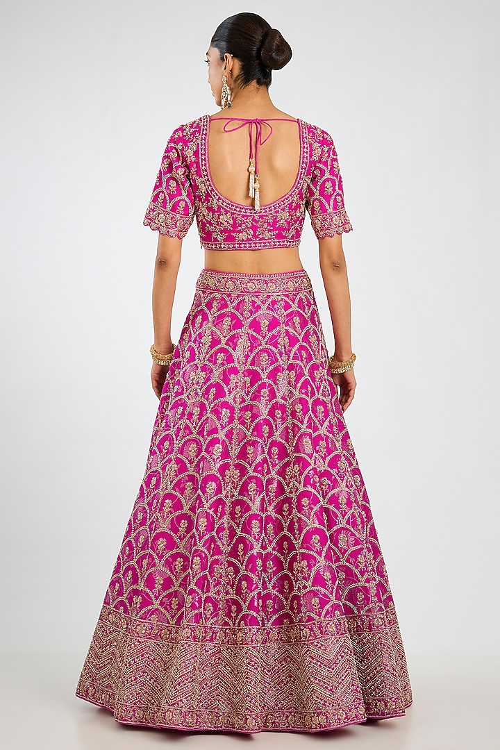 Fuchsia Pink Handloom Brocade Silk Zardosi Embroidered Bridal Lehenga Set by Vedant G at Pernia's Pop Up Shop