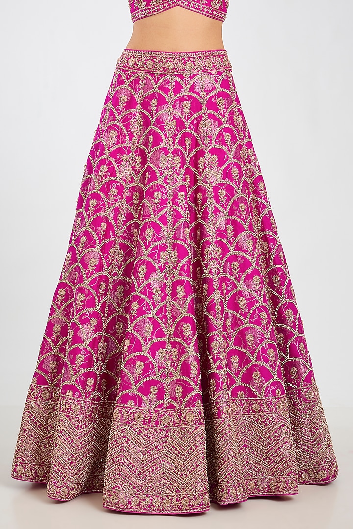 Fuchsia Pink Handloom Brocade Silk Zardosi Embroidered Bridal Lehenga Set by Vedant G at Pernia's Pop Up Shop