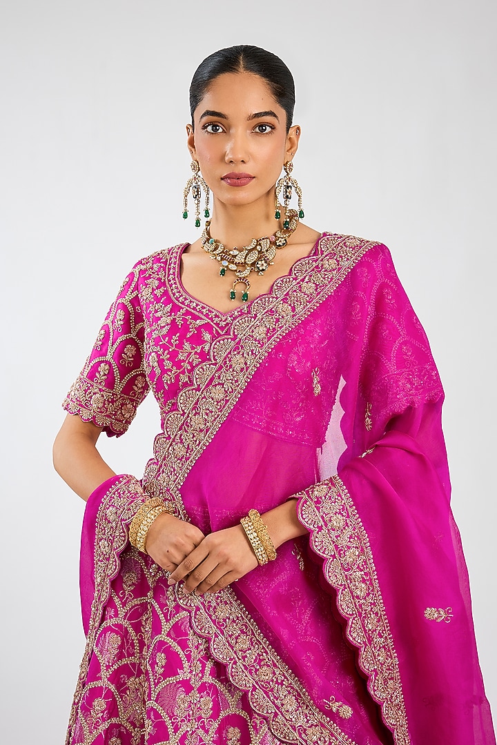 Fuchsia Pink Handloom Brocade Silk Zardosi Embroidered Bridal Lehenga Set by Vedant G at Pernia's Pop Up Shop