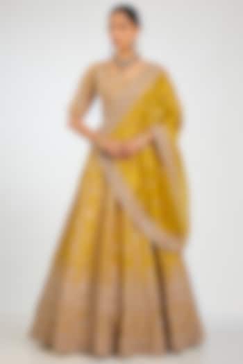 Yellow Handloom Brocade Silk Zardosi Embroidered Bridal Lehenga Set by Vedant G at Pernia's Pop Up Shop