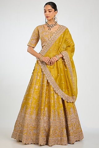 Yellow Handloom Brocade Silk Zardosi Embroidered Lehenga Set by Vedant G
