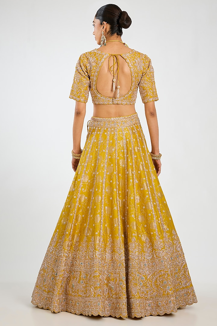 Yellow Handloom Brocade Silk Zardosi Embroidered Bridal Lehenga Set by Vedant G at Pernia's Pop Up Shop