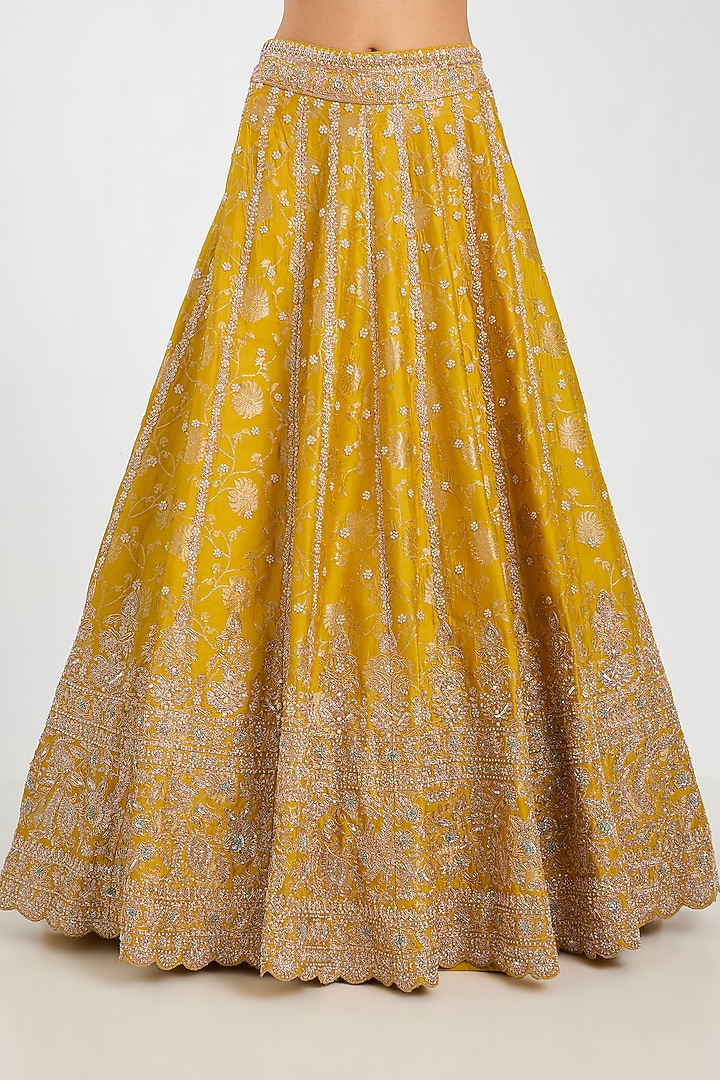 Yellow Handloom Brocade Silk Zardosi Embroidered Bridal Lehenga Set by Vedant G at Pernia's Pop Up Shop