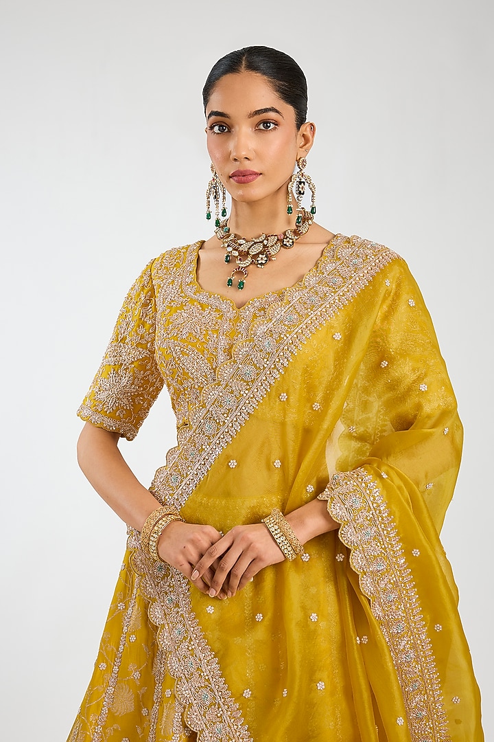 Yellow Handloom Brocade Silk Zardosi Embroidered Bridal Lehenga Set by Vedant G at Pernia's Pop Up Shop