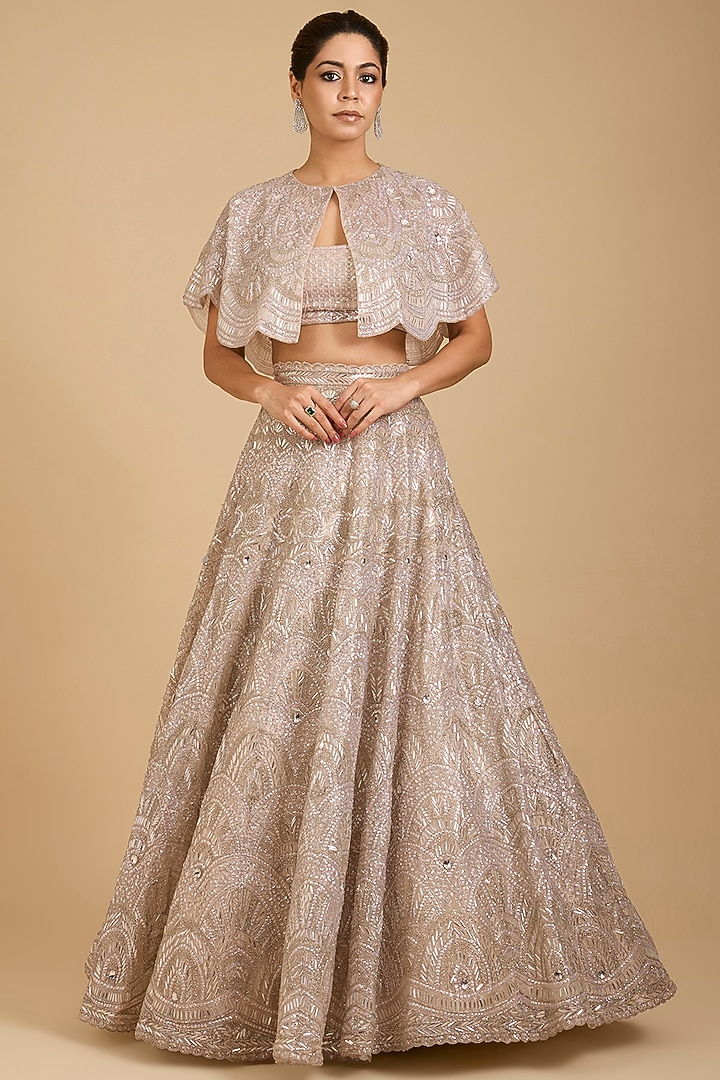 Champagne Tissue Embroidered Bridal Lehenga Set by Vedant G at Pernia's Pop Up Shop
