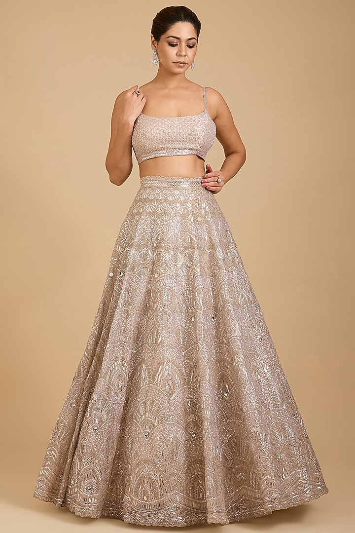 Champagne Tissue Embroidered Bridal Lehenga Set by Vedant G at Pernia's Pop Up Shop